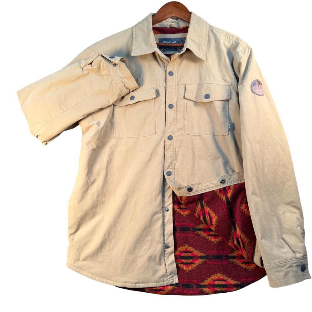 Eddie Bauer Mens Large Tan Fleece Lined Southwestern Shirt Jacket Shacket Snap
